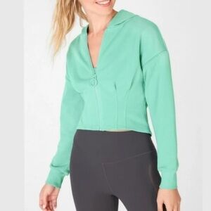 🌸Fabletics Dakota Blue/Green Mesh Corset Cropped Zip Up Hooded Sweatshirt